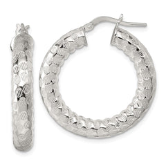 QE17873 Sterling Silver Polished and Textured 5.25mm Round Tube Hoop Earrings