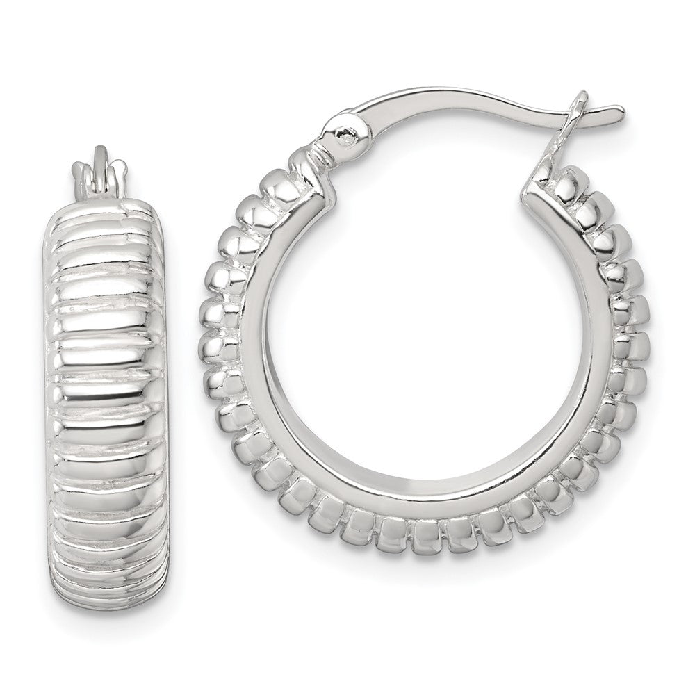 QE17874 Sterling Silver Polished and Grooved 21x6mm Round Hollow Hoop Earrings