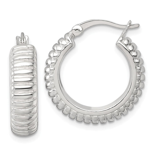 QE17874 Sterling Silver Polished and Grooved 21x6mm Round Hollow Hoop Earrings