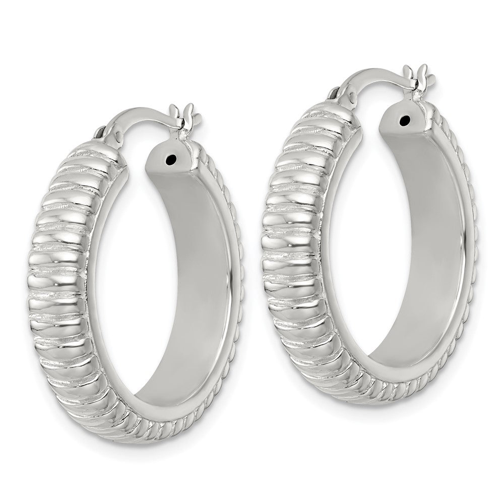 QE17875 Sterling Silver Polished and Grooved 26x6mm Round Hollow Hoop Earrings