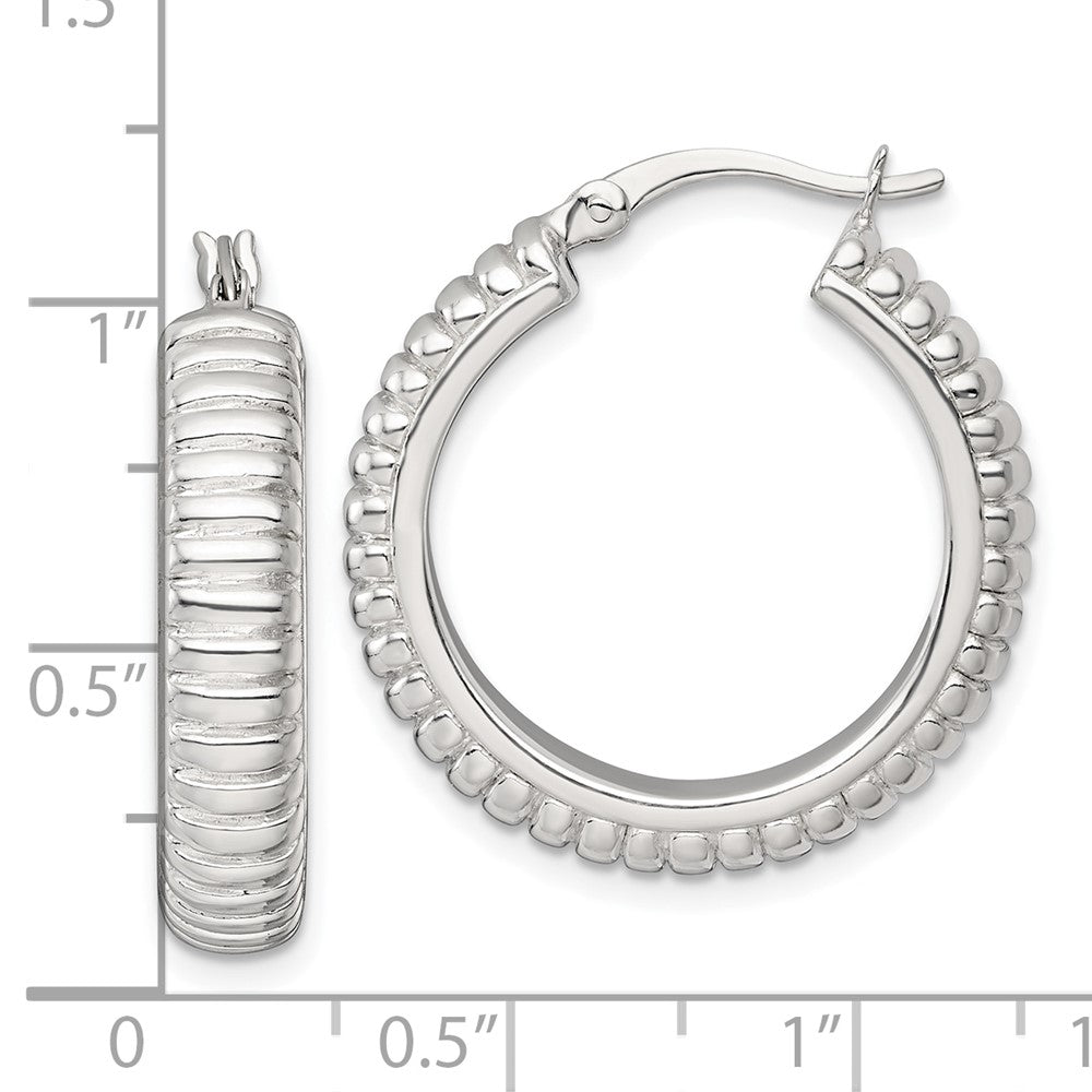 QE17875 Sterling Silver Polished and Grooved 26x6mm Round Hollow Hoop Earrings