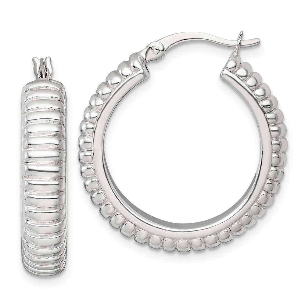 QE17875 Sterling Silver Polished and Grooved 26x6mm Round Hollow Hoop Earrings