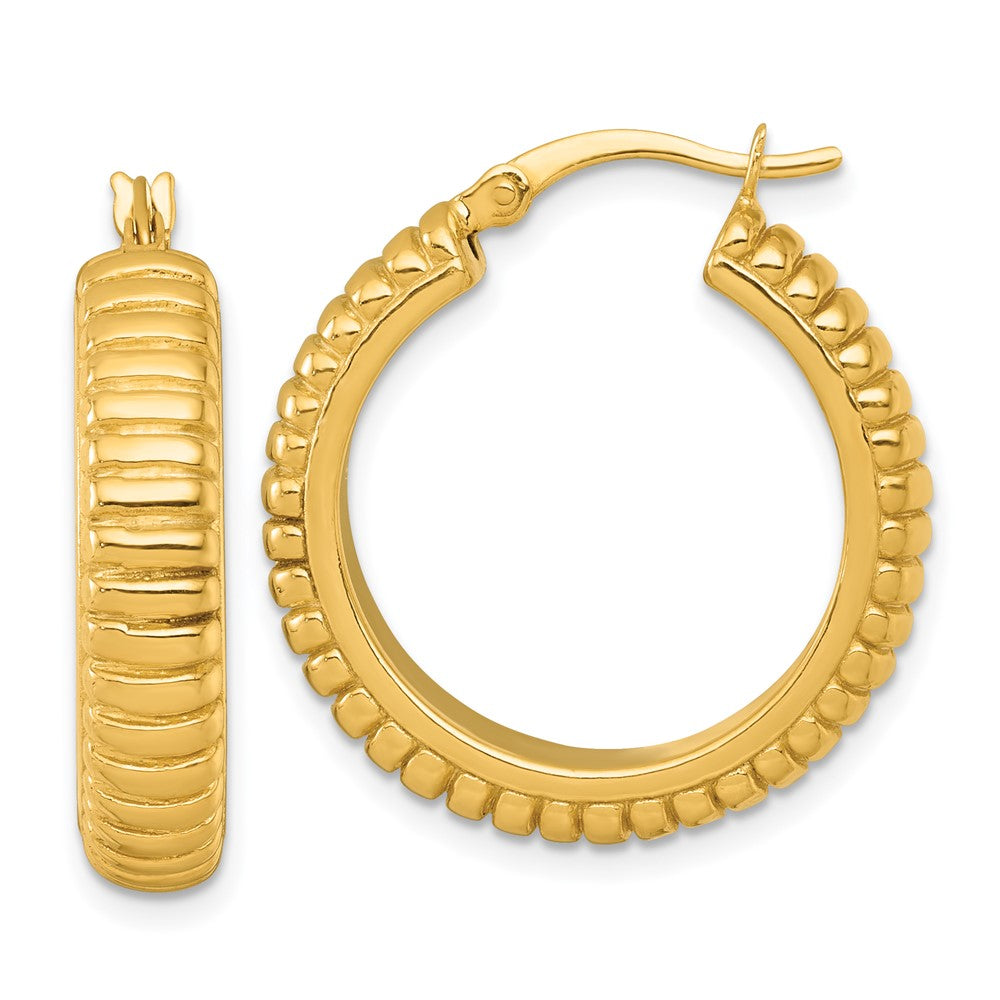 QE17875GP Sterling Silver Gold-tone Polished and Grooved 26x6mm Round Hollow Hoop Earrings