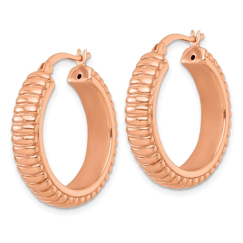 QE17875RP Sterling Silver Rose-tone Polished and Grooved 26x6mm Round Hollow Hoop Earrings