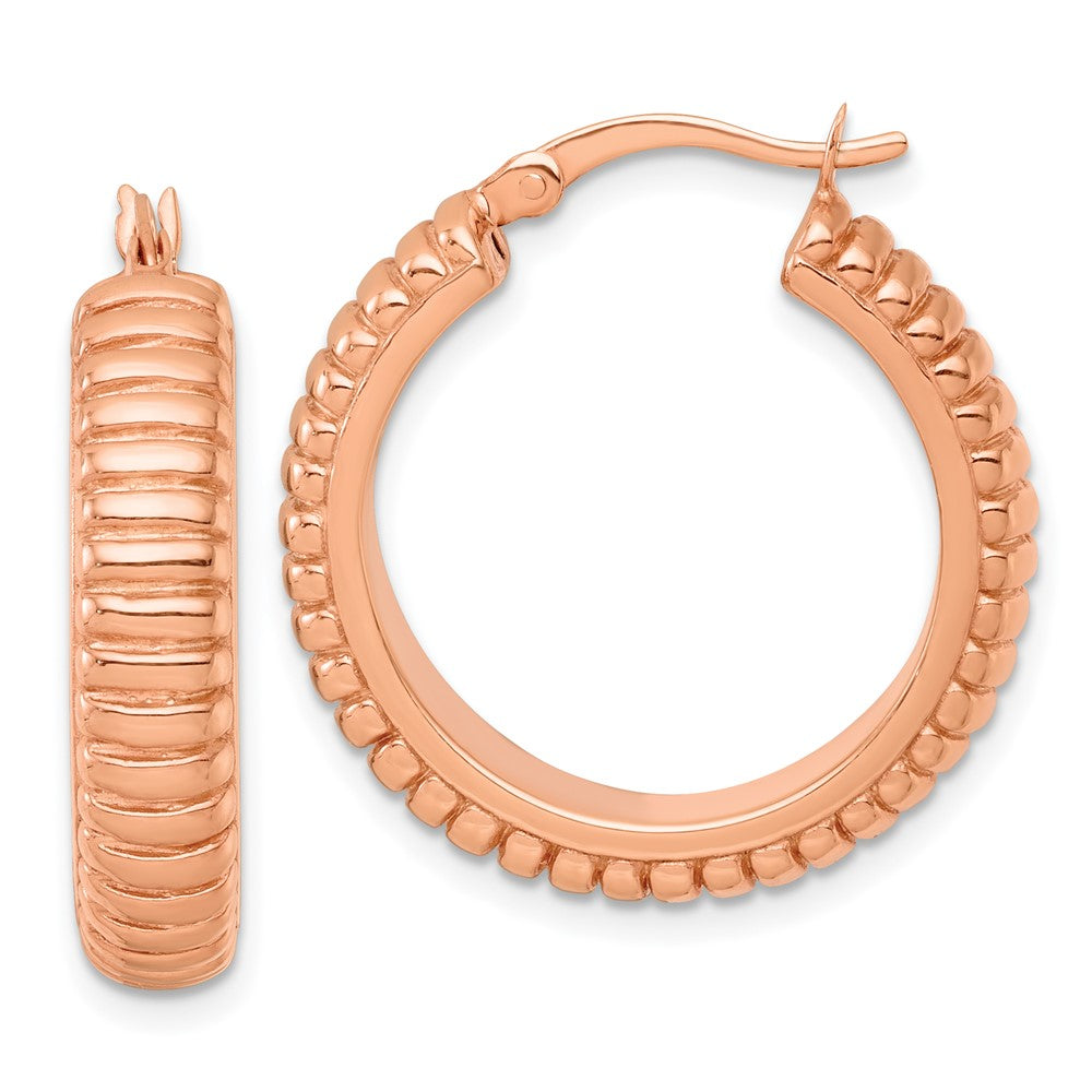 QE17875RP Sterling Silver Rose-tone Polished and Grooved 26x6mm Round Hollow Hoop Earrings