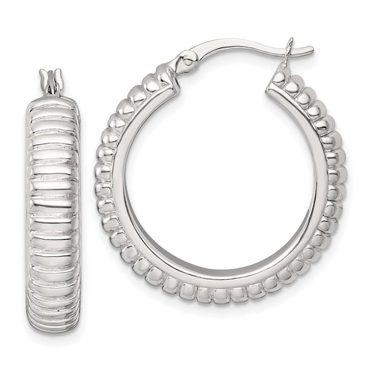 QE17875 Sterling Silver Polished and Grooved 26x6mm Round Hollow Hoop Earrings