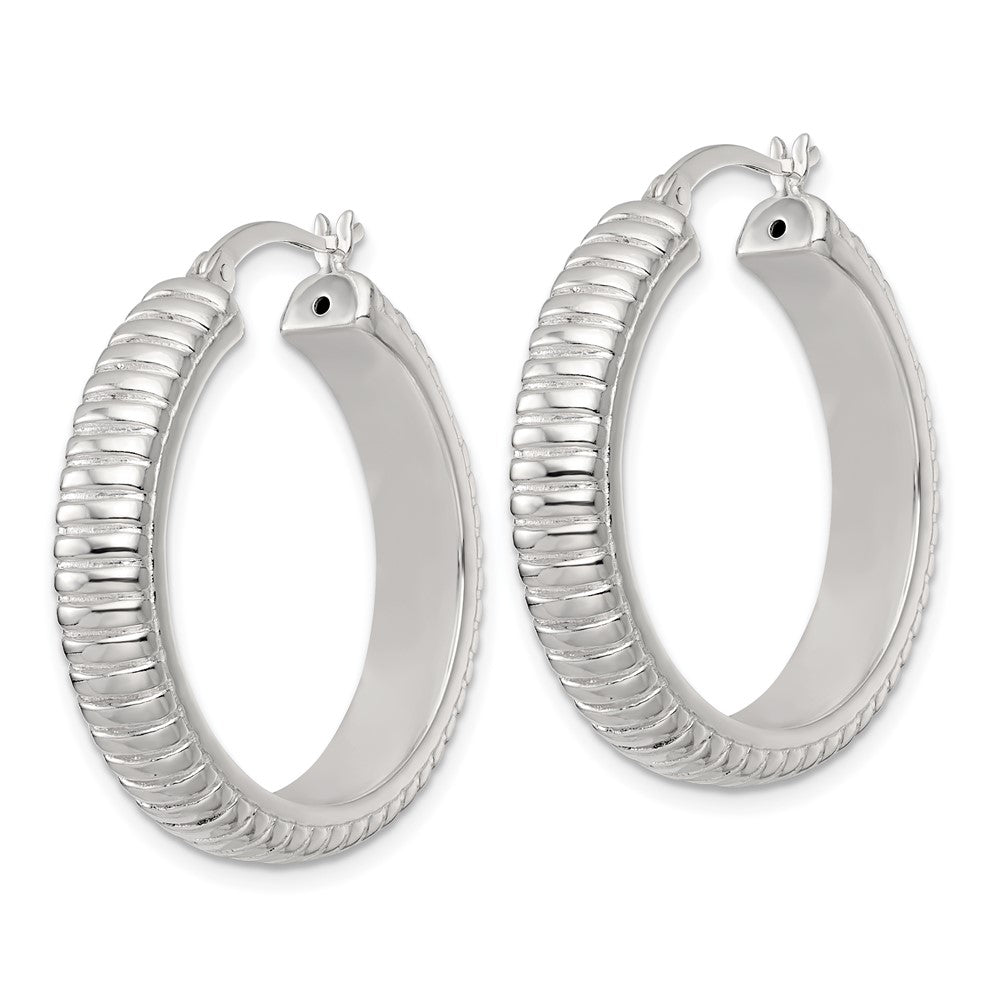 QE17876 Sterling Silver Polished and Grooved 32x6mm Round Hollow Hoop Earrings