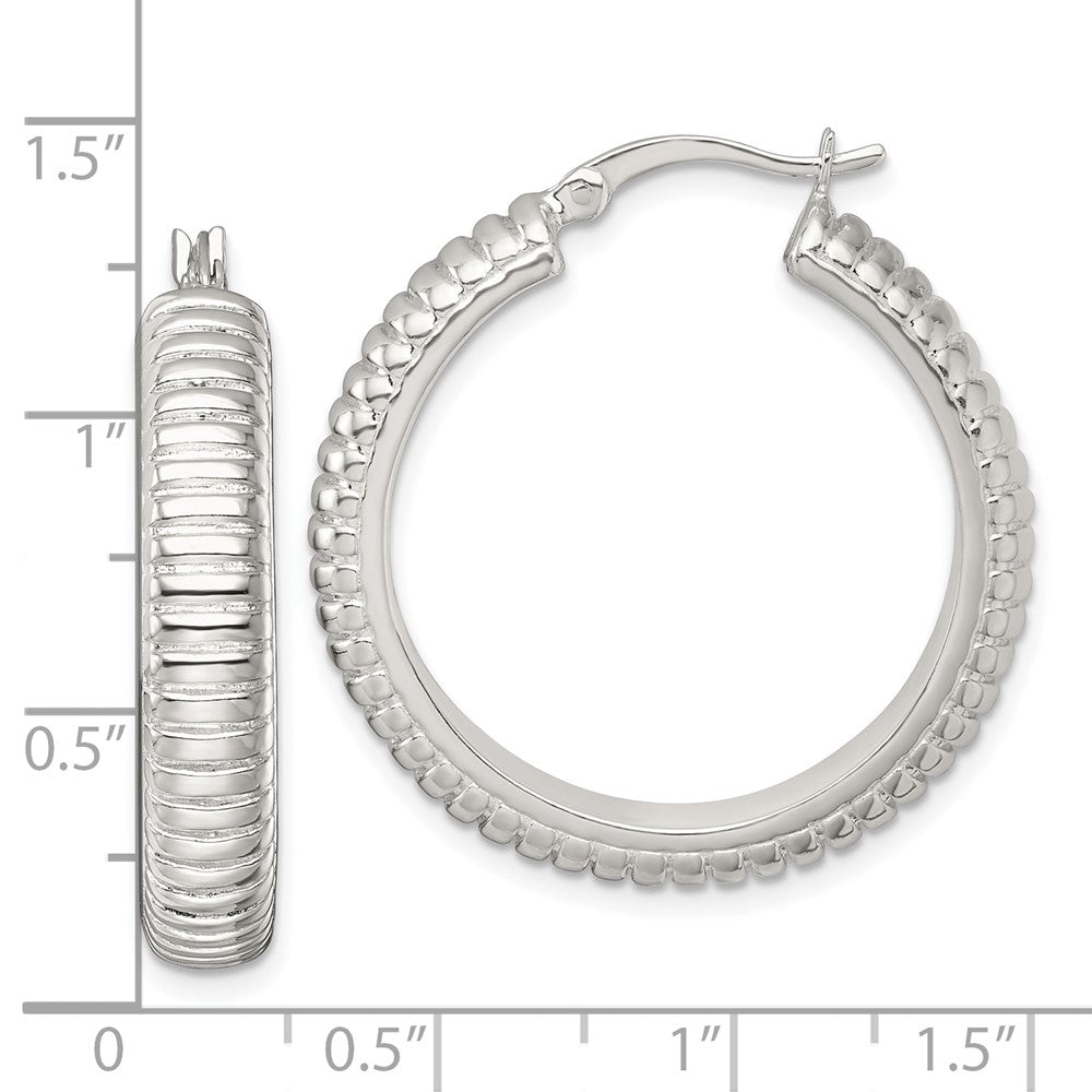 QE17876 Sterling Silver Polished and Grooved 32x6mm Round Hollow Hoop Earrings