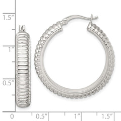 QE17876 Sterling Silver Polished and Grooved 32x6mm Round Hollow Hoop Earrings