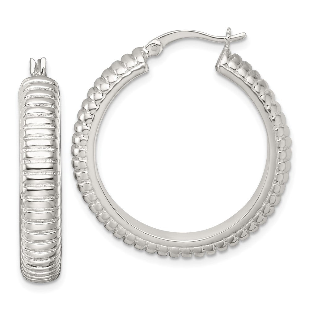 QE17876 Sterling Silver Polished and Grooved 32x6mm Round Hollow Hoop Earrings