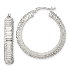 QE17876 Sterling Silver Polished and Grooved 32x6mm Round Hollow Hoop Earrings