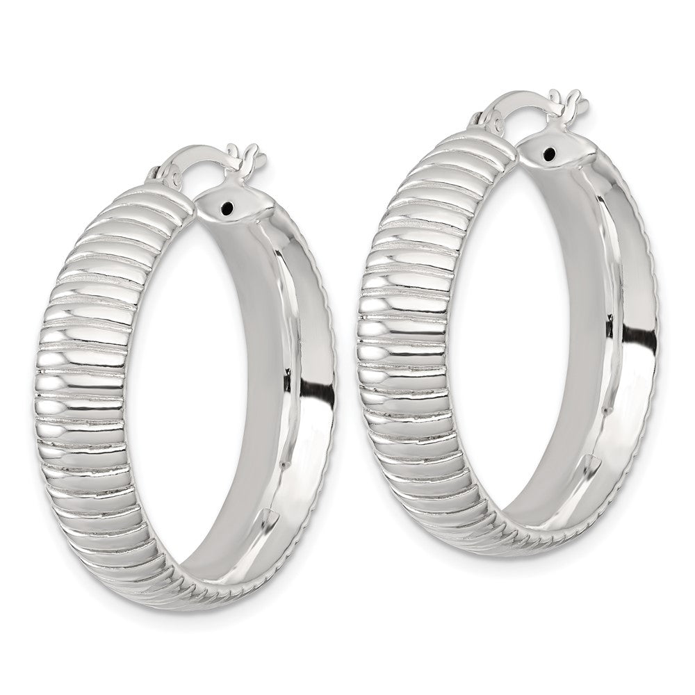 QE17879 Sterling Silver Polished and Grooved 32x7.5mm Round Hollow Hoop Earrings
