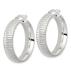 QE17879 Sterling Silver Polished and Grooved 32x7.5mm Round Hollow Hoop Earrings