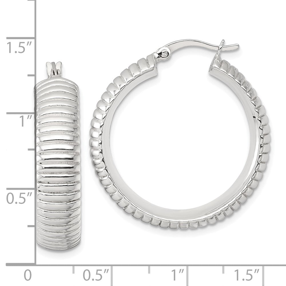 QE17879 Sterling Silver Polished and Grooved 32x7.5mm Round Hollow Hoop Earrings