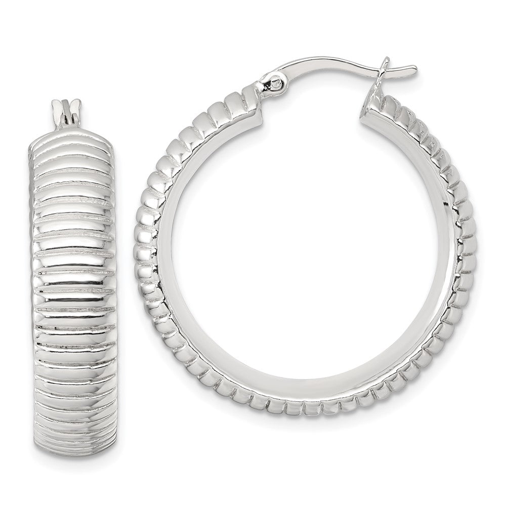QE17879 Sterling Silver Polished and Grooved 32x7.5mm Round Hollow Hoop Earrings