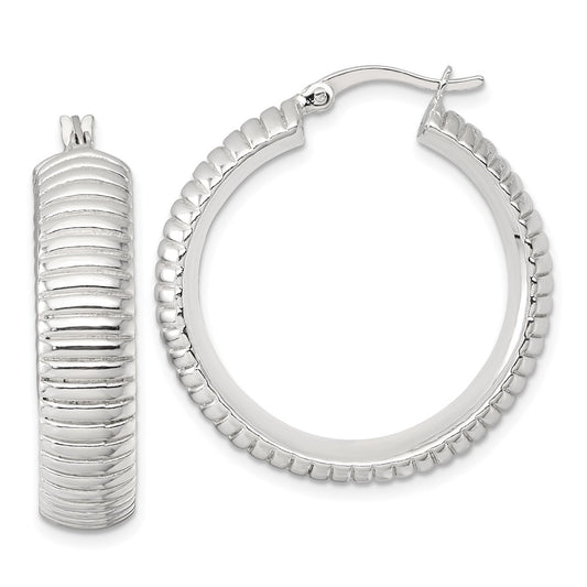 QE17879 Sterling Silver Polished and Grooved 32x7.5mm Round Hollow Hoop Earrings