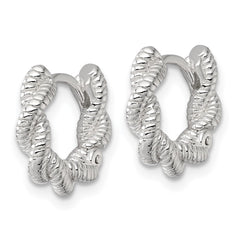 QE17882 Sterling Silver Polish Textured Twisted Hinged Round Hoop Earrings