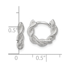 QE17882 Sterling Silver Polish Textured Twisted Hinged Round Hoop Earrings