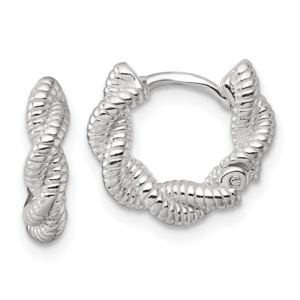 QE17882 Sterling Silver Polish Textured Twisted Hinged Round Hoop Earrings