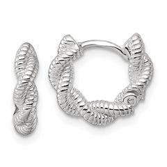 QE17882 Sterling Silver Polish Textured Twisted Hinged Round Hoop Earrings