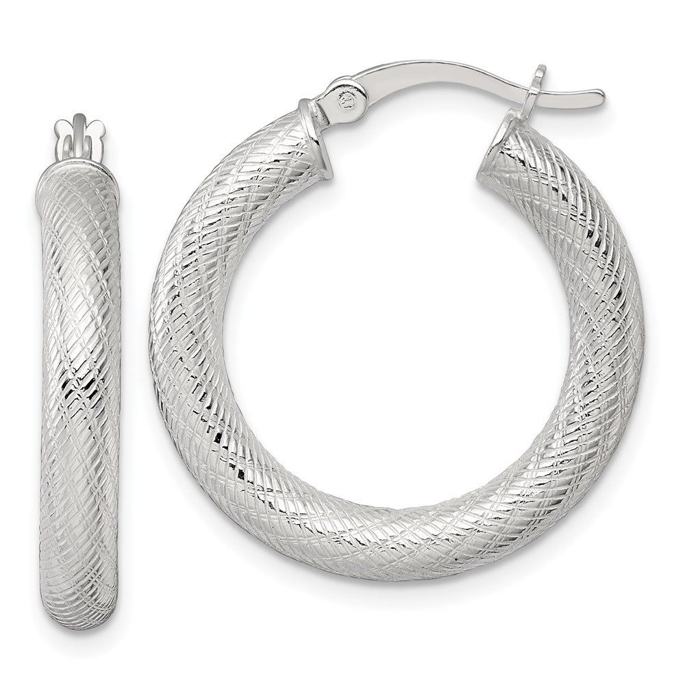 QE17883 Sterling Silver Polished and Textured 25x4.0mm Round Hoop Earrings