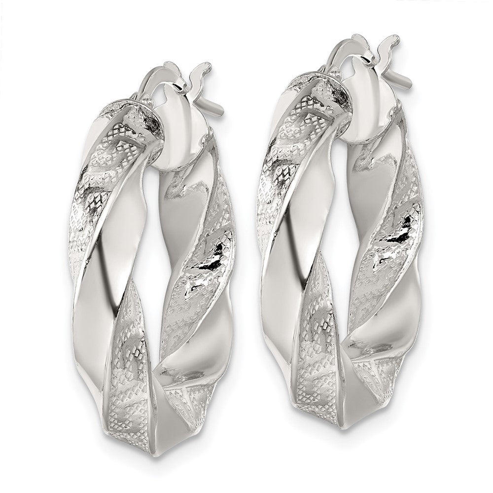 QE17887 Sterling Silver Polished Greek Key 5mm Twisted tube Hoop Earrings