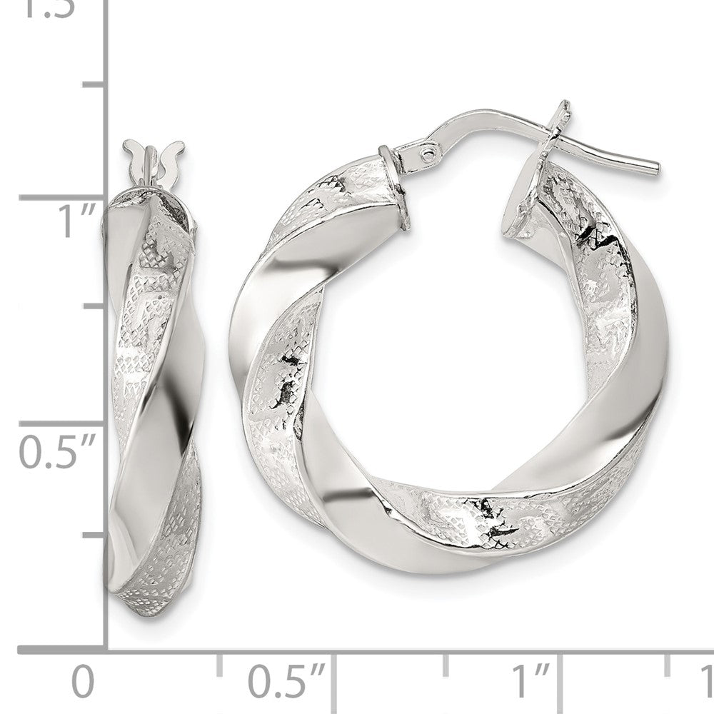 QE17887 Sterling Silver Polished Greek Key 5mm Twisted tube Hoop Earrings