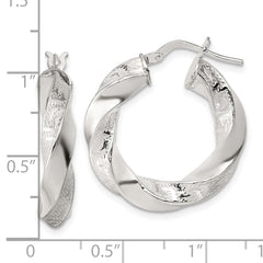 QE17887 Sterling Silver Polished Greek Key 5mm Twisted tube Hoop Earrings