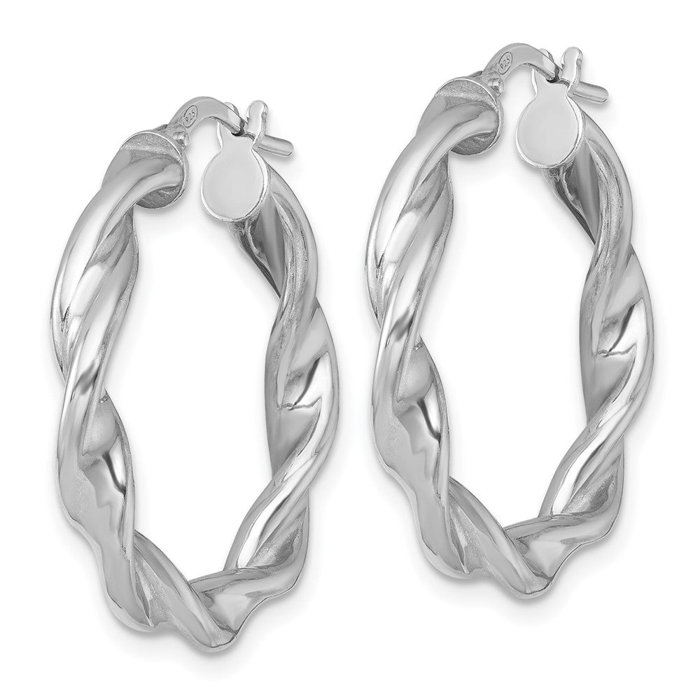 QE17889 Sterling Silver Rhodium-plated Polished Twisted 4.00 x 28mm Round Hoop Earrings