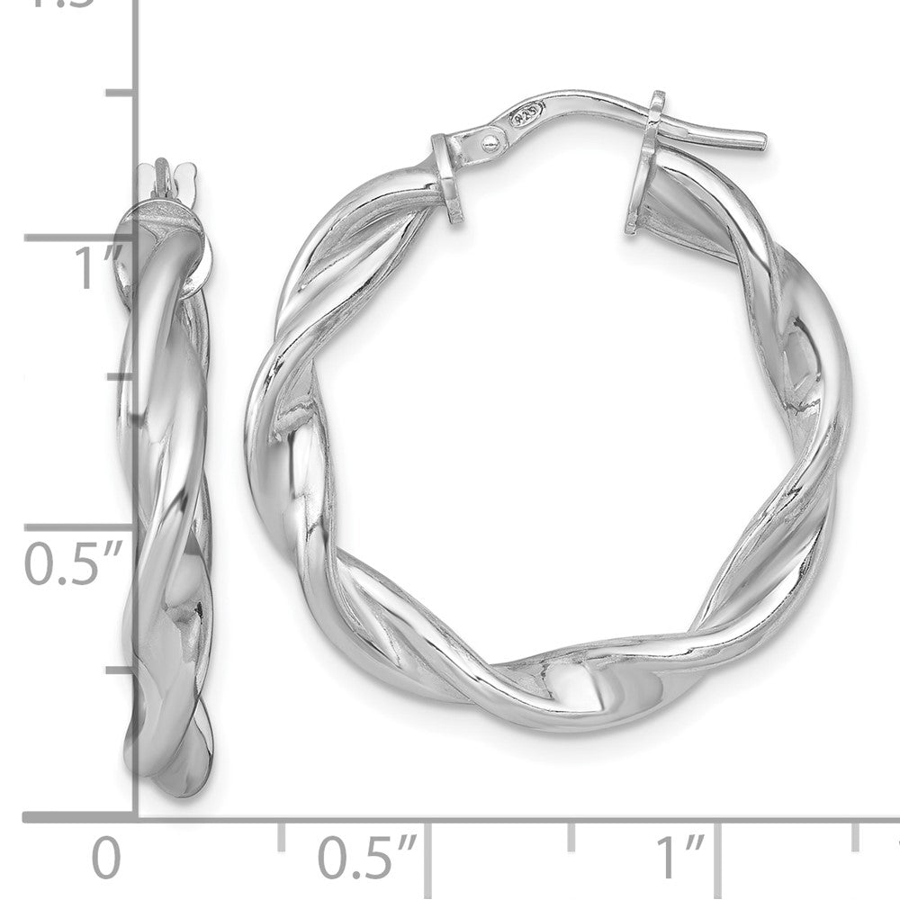 QE17889 Sterling Silver Rhodium-plated Polished Twisted 4.00 x 28mm Round Hoop Earrings
