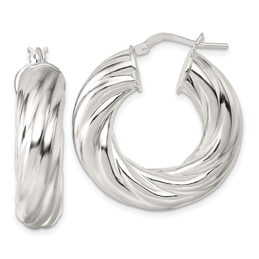 QE17893 Sterling Silver Polished 8mm Twisted Tube Hoop Earrings