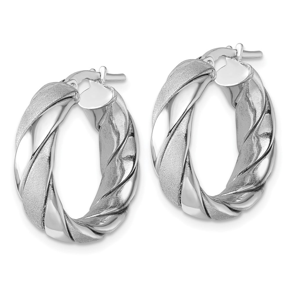 QE17894 Sterling Silver Rhodium-plated Polished and Scratch Finish 6.0 x 21mm Twisted Round Tube Hoop Earrings