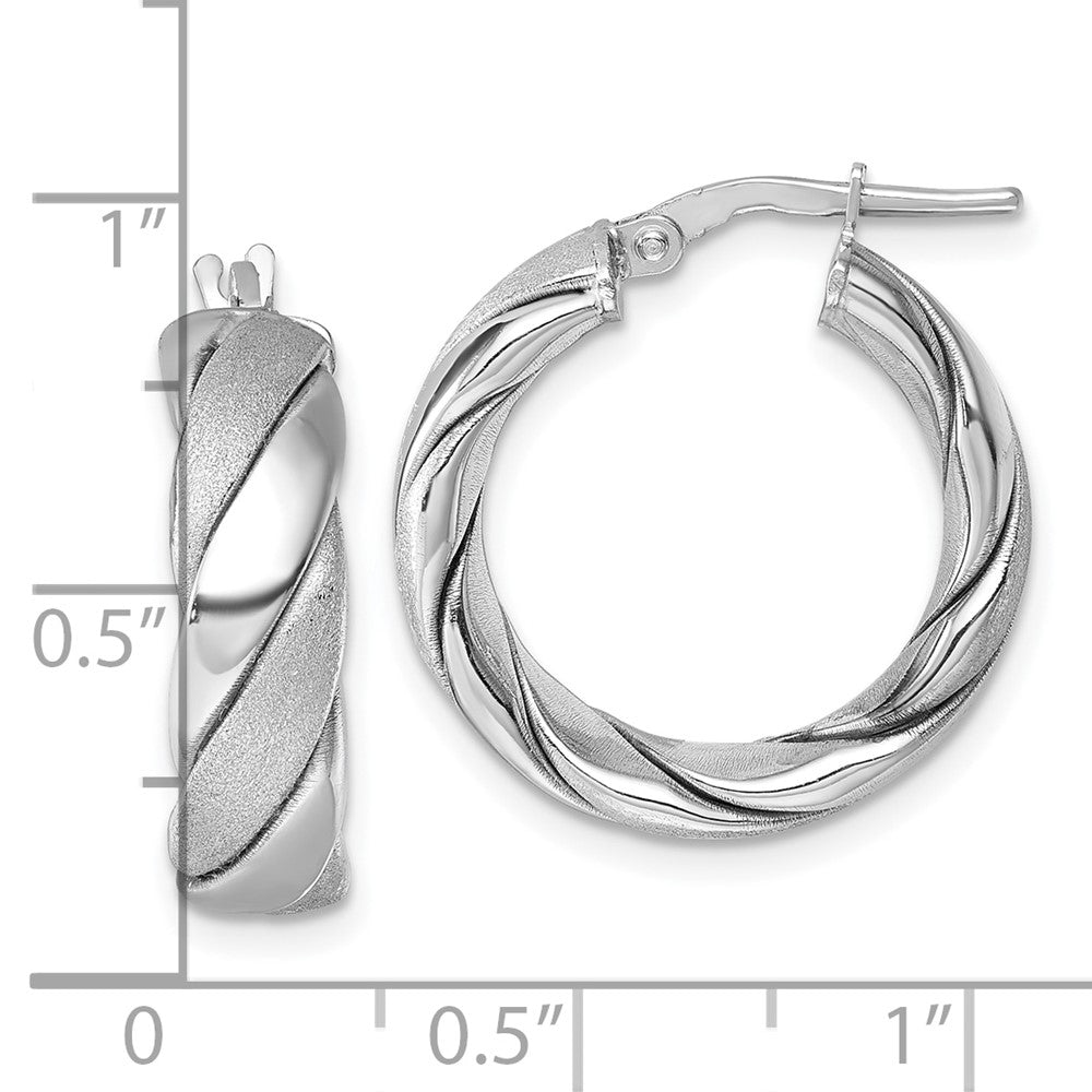 QE17894 Sterling Silver Rhodium-plated Polished and Scratch Finish 6.0 x 21mm Twisted Round Tube Hoop Earrings