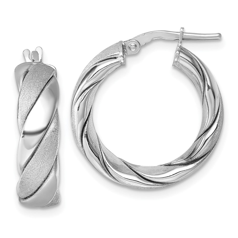 QE17894 Sterling Silver Rhodium-plated Polished and Scratch Finish 6.0 x 21mm Twisted Round Tube Hoop Earrings