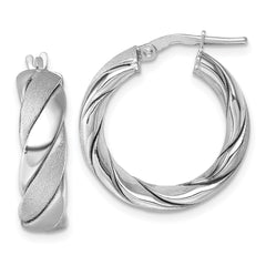 QE17894 Sterling Silver Rhodium-plated Polished and Scratch Finish 6.0 x 21mm Twisted Round Tube Hoop Earrings