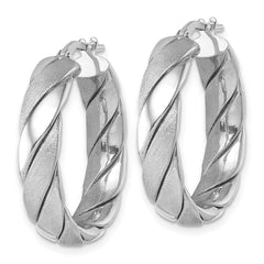 QE17895 Sterling Silver Rhodium-plated Polished and Scratch Finish 6.0 x 26mm Twisted Round Tube Hoop Earrings