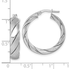 QE17895 Sterling Silver Rhodium-plated Polished and Scratch Finish 6.0 x 26mm Twisted Round Tube Hoop Earrings