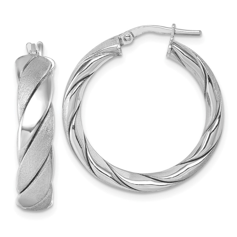 QE17895 Sterling Silver Rhodium-plated Polished and Scratch Finish 6.0 x 26mm Twisted Round Tube Hoop Earrings