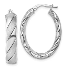QE17896 Sterling Silver Rhodium-plated Polished and Scratch Finish 6.00mm Twisted Oval Tube Hoop Earrings