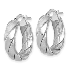 QE17897 Sterling Silver Rhodium-plated Polished Brushed/Textured 6.00mm x 22mm Tube Hoop Earrings