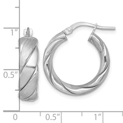 QE17897 Sterling Silver Rhodium-plated Polished Brushed/Textured 6.00mm x 22mm Tube Hoop Earrings