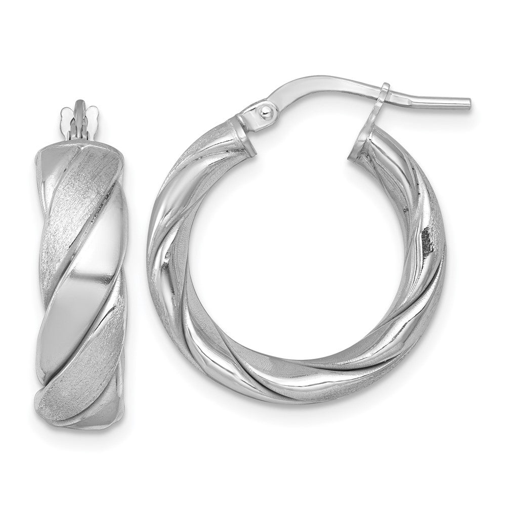 QE17897 Sterling Silver Rhodium-plated Polished Brushed/Textured 6.00mm x 22mm Tube Hoop Earrings