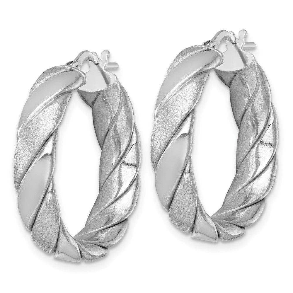 QE17898 Sterling Silver Rhodium-plated Polished Brushed/Textured 6.00mm x 26mm Tube Hoop Earrings