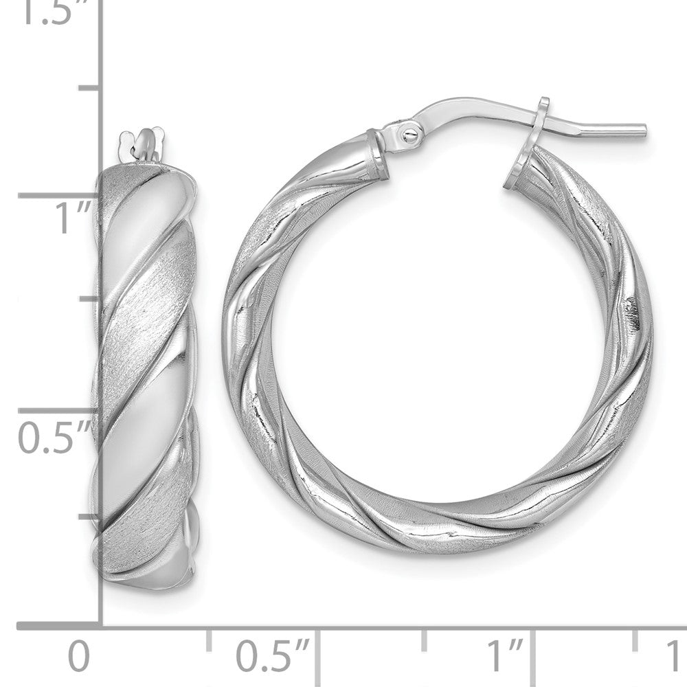 QE17898 Sterling Silver Rhodium-plated Polished Brushed/Textured 6.00mm x 26mm Tube Hoop Earrings