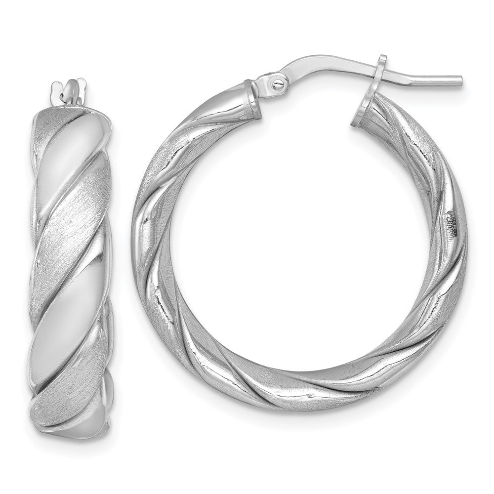 QE17898 Sterling Silver Rhodium-plated Polished Brushed/Textured 6.00mm x 26mm Tube Hoop Earrings