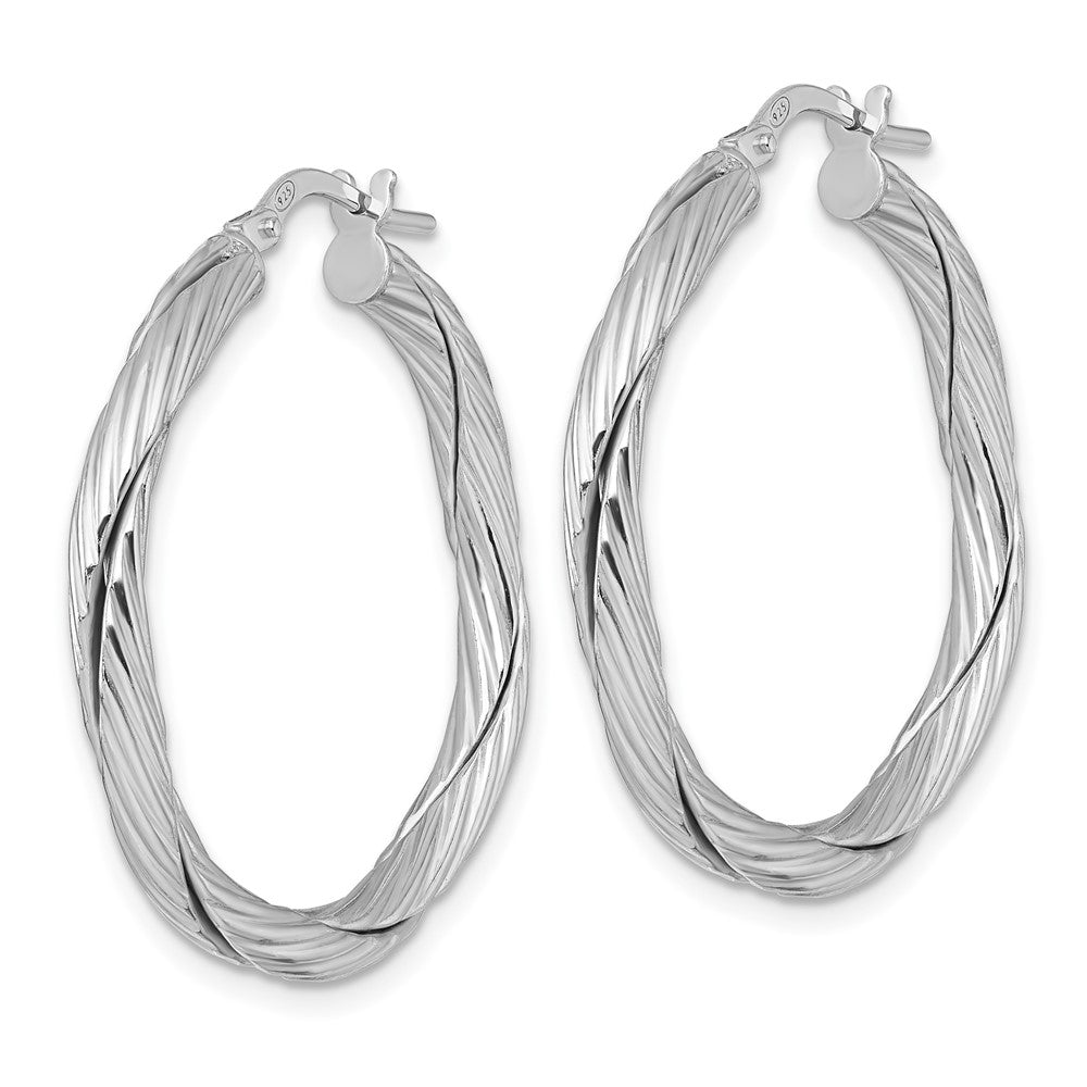 QE17900 Sterling Silver Rhodium-plated Polished Textured and Twisted 3.00 x 30mm Round Hoop Earrings