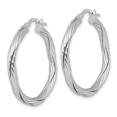 QE17900 Sterling Silver Rhodium-plated Polished Textured and Twisted 3.00 x 30mm Round Hoop Earrings