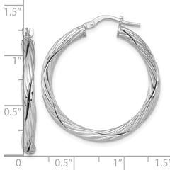 QE17900 Sterling Silver Rhodium-plated Polished Textured and Twisted 3.00 x 30mm Round Hoop Earrings