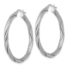 QE17901 Sterling Silver Rhodium-plated Polished Textured and Twisted 3.00 x 36mm Round Hoop Earrings