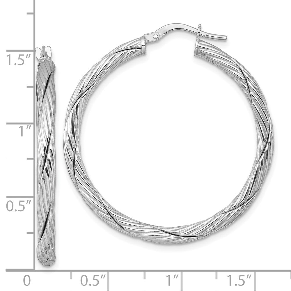 QE17901 Sterling Silver Rhodium-plated Polished Textured and Twisted 3.00 x 36mm Round Hoop Earrings